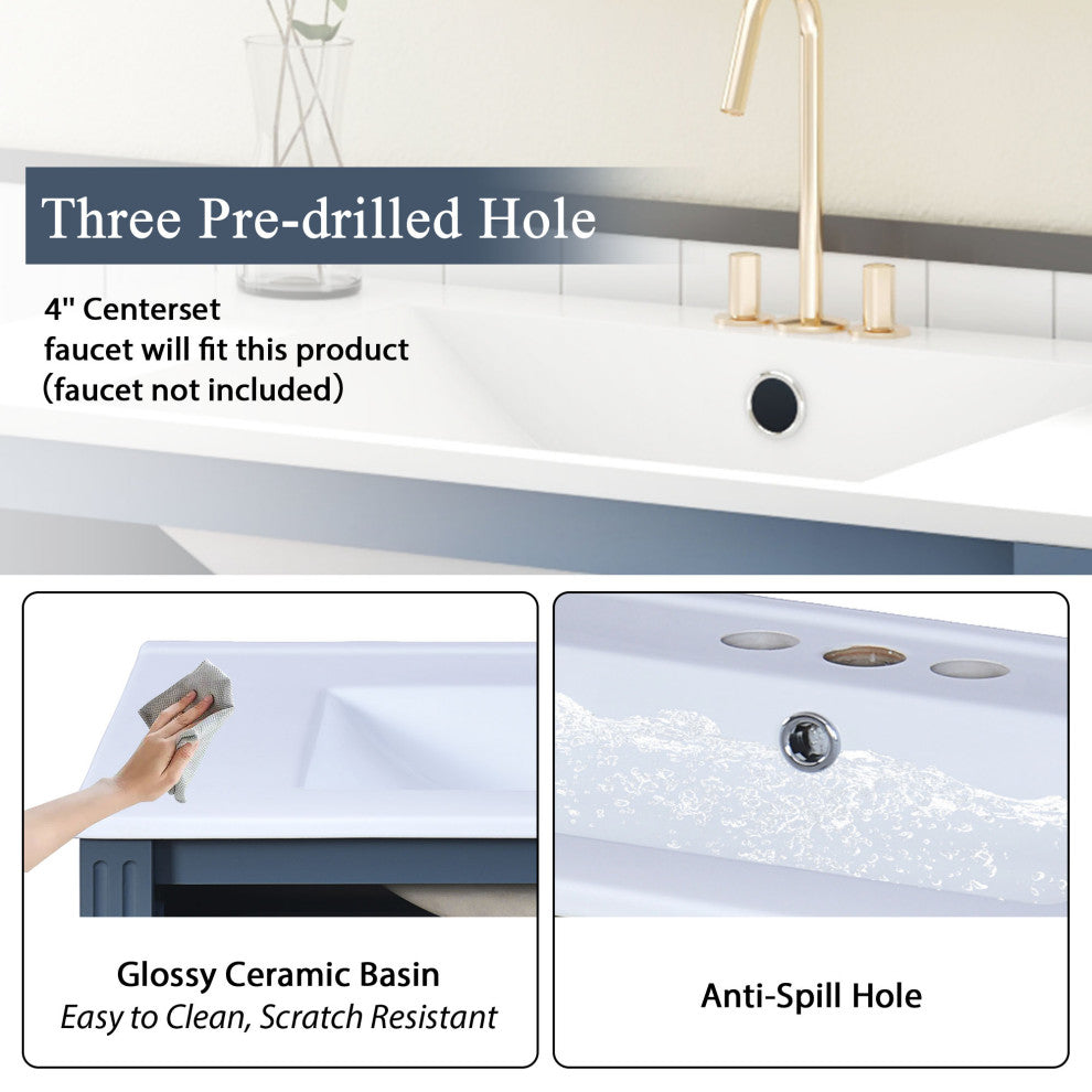 30 inches Freestanding Bath Vanity Set, Blue, Integrated Ceramic Sink