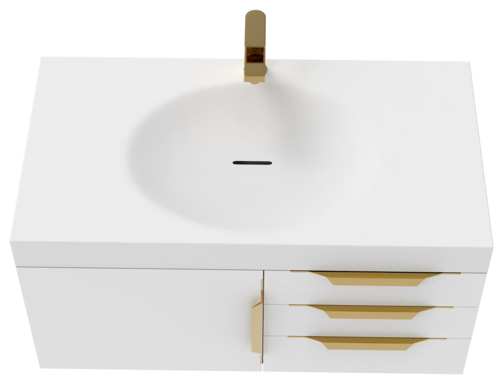 CastelloUSA Thames Shallow Basin Vanity Set, White, 36", White Top, Gold Handles