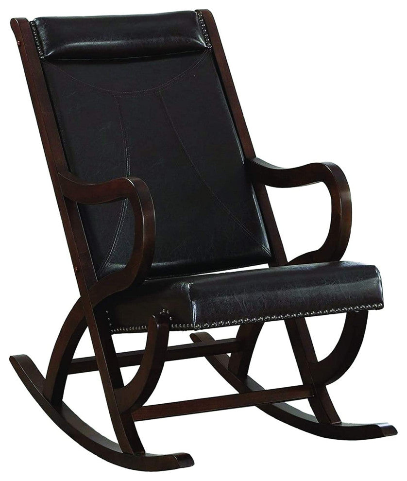 Benzara BM193886 Faux Leather Wooden Rocking Chair with Looped Arms, Brown