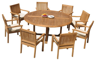 9-Piece Outdoor Teak Dining Set: 72" Round Table, 8 Leveb Stacking Arm Chairs