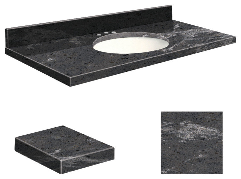 Quartz 25"x22" Vanity Top, White Bowl, Milky Way, 8" Offset