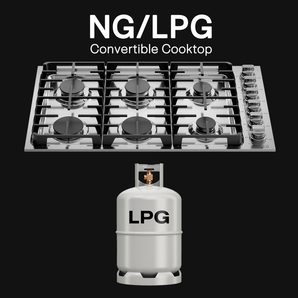 Gas Cooktop With 6 Sealed Burners Cast Iron Grates LPG/NG Convertible