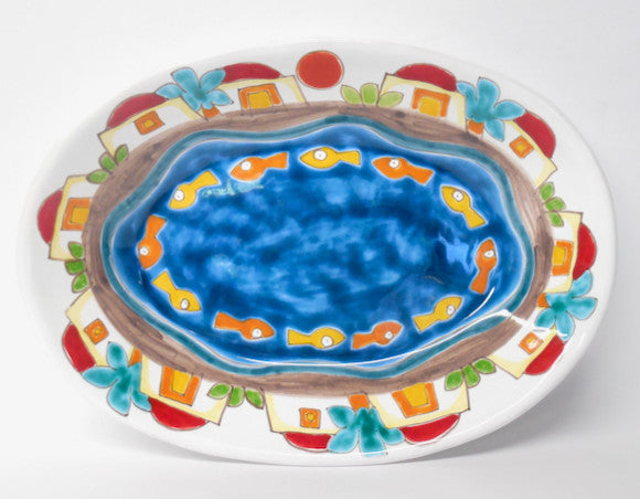 Ceramiche di Sicilia 15X11"� Oval Serving/Wall Platter with Fish & Houses
