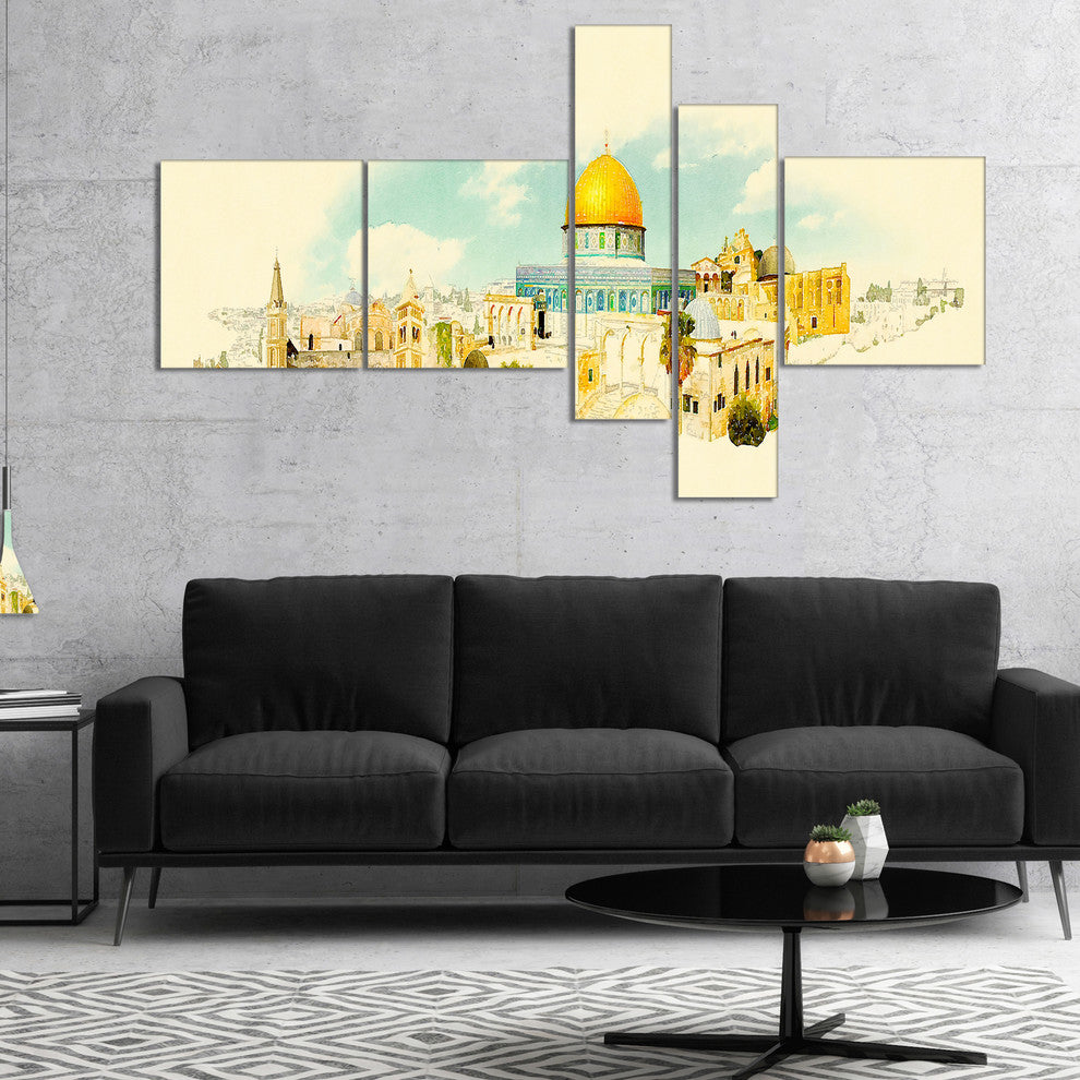 Jerusalem Panoramic View, Cityscape Watercolor Canvas Print, 60"x32", 5 panels