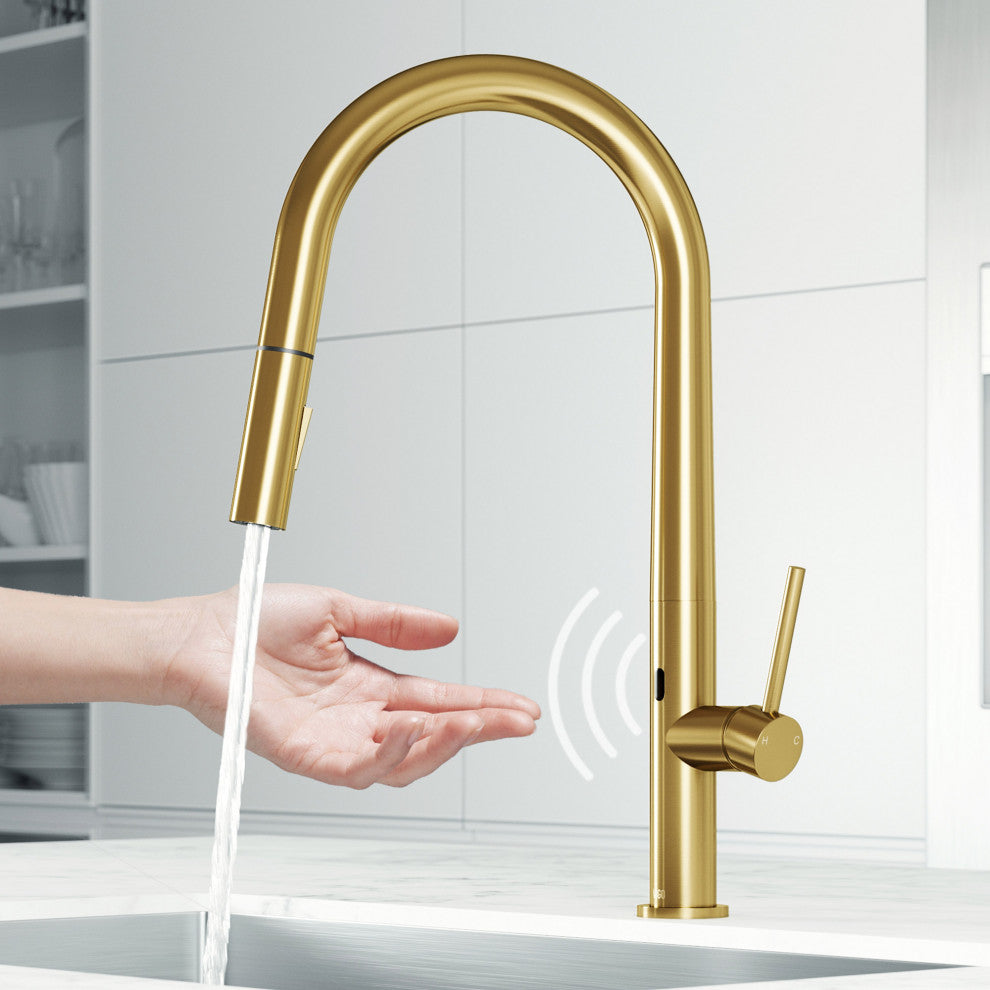 VIGO Greenwich 18" H Single Handle Pull-Down Sprayer Kitchen Faucet, Matte Brushed Gold, Touchless, Without Extras