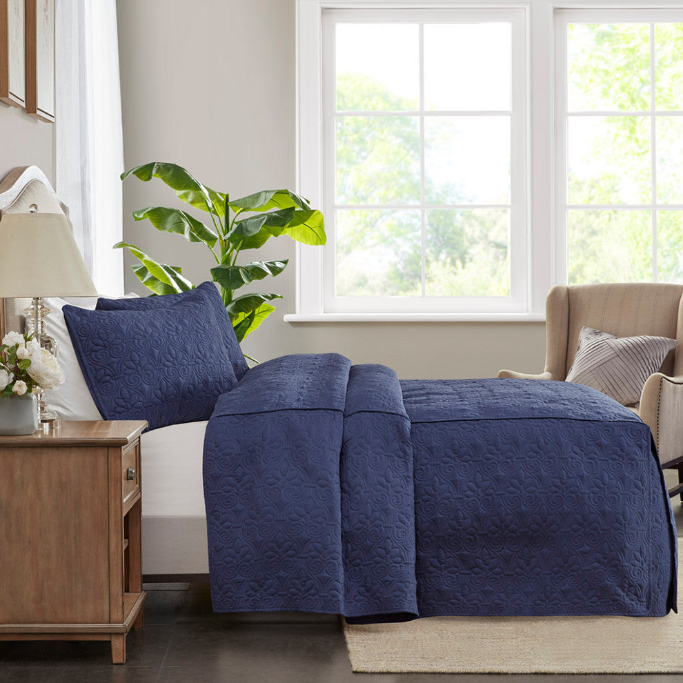 Madison Park Quebec 3 Piece Fitted Bedspread Set, Navy