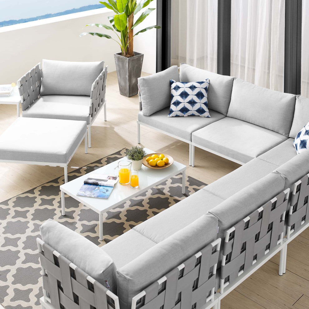 Lounge Sectional Sofa Chair Table Set, Sunbrella, Aluminum, Gray, Outdoor