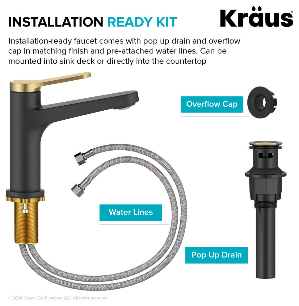 KRAUS Indy Single Handle Basin Bathroom Faucet Spot Free BBMB, Pop Up Drain