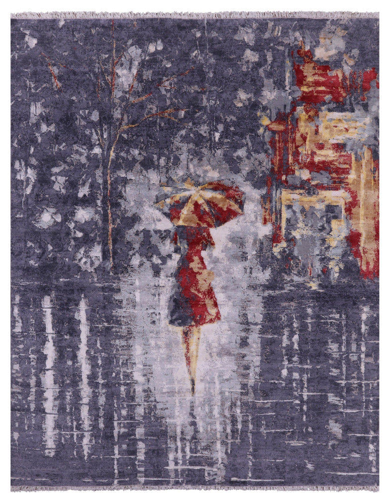 7' 11" X 10' 0" Woman Under The Rain Hand Knotted Wool & Silk Rug - Q13157