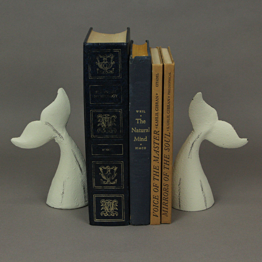 Set of 2 White Cast Iron Whale Tail Bookends Nautical Home Decor Bookshelf
