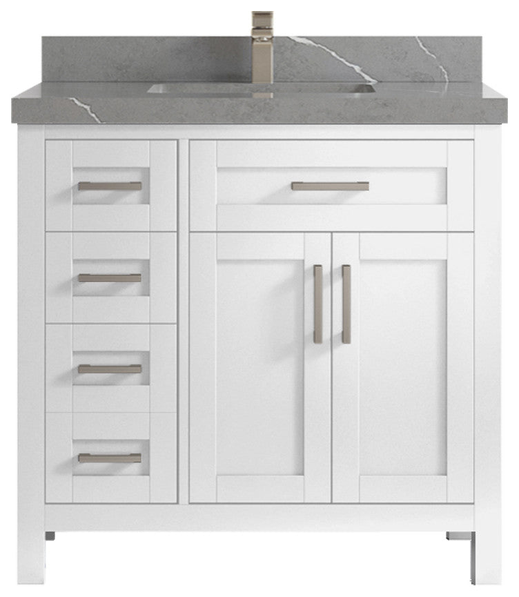 Cambridge 36 Center Sink Bath Vanity in White 2" Piatra Gray