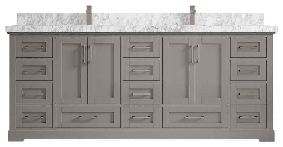 Boston 84 Double Sink Bath Vanity in Elephant Skin Gray 2" Carrara Marble
