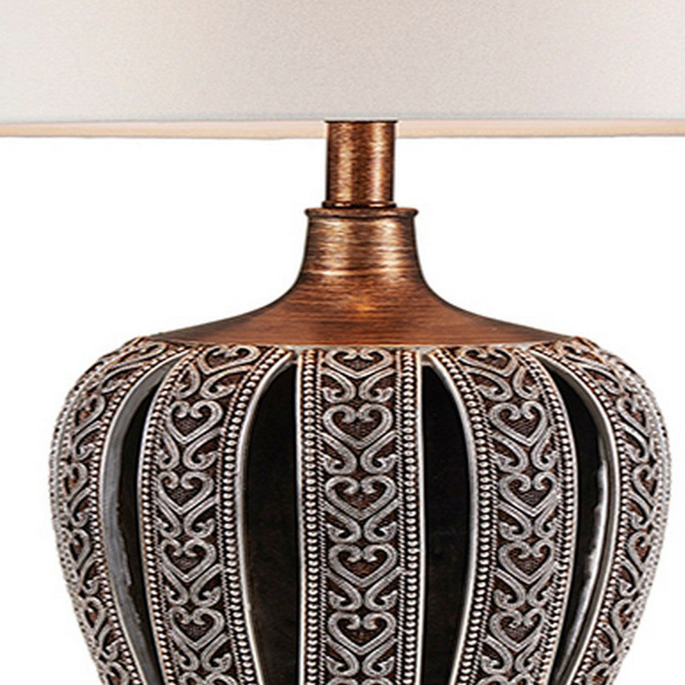 Benzara BM240306 Table Lamp With Curved Paneled Polyresin Base, Bronze