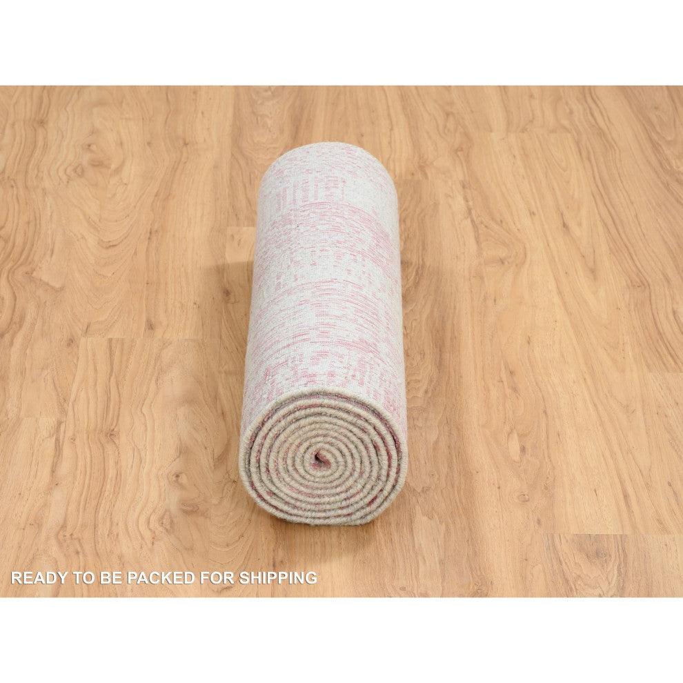Rose Pink, Wool and Art Silk Jacquard Hand Loomed, Runner Rug, 2'6"x10'0"