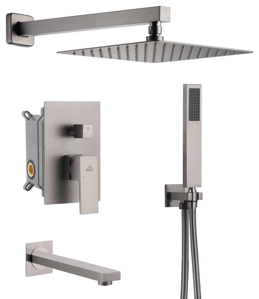 CASAINC 10" Wall Mounted Luxury Dual Rainfall Shower System Kit w Bathtub Spout, Brushed Nickel