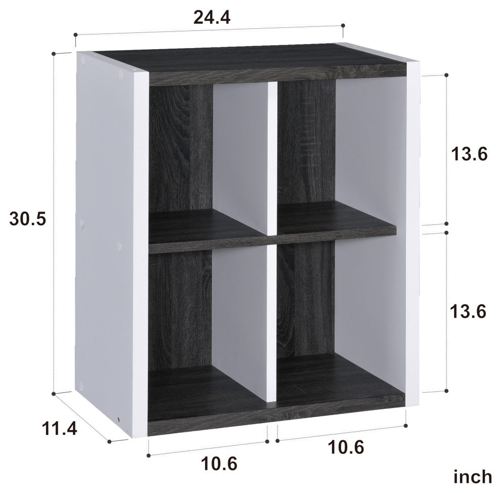 Versatile Four Shelf White and Gray Cubby Bookshelf