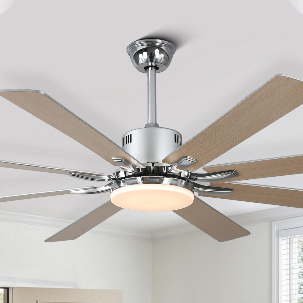 Large 72" Modern 8 Wood Blades Ceiling Fan w Dimmable LED Light Kit , Chrome