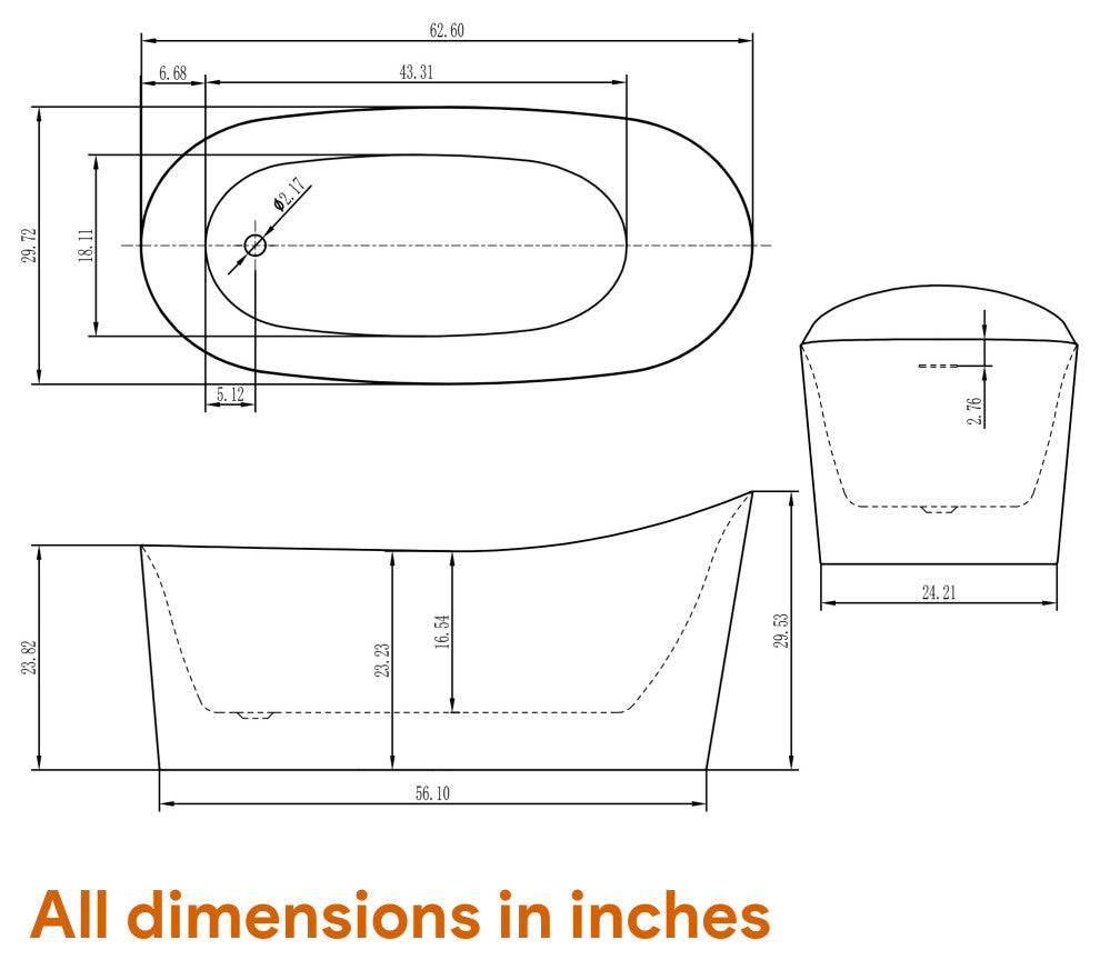 HEATGENE 62 Inches Acrylic Freestanding Bathtub Contemporary Soaking Tub