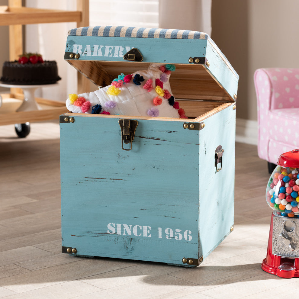 Caye Vintage Striped Fabric Upholstered Light Blue Wood Storage Trunk Ottoman