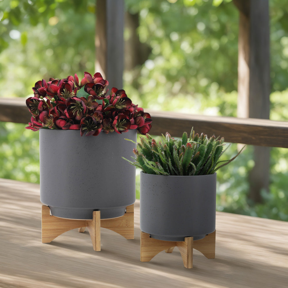 2-Piece Set Planter With Wood Stand, Matte Gray