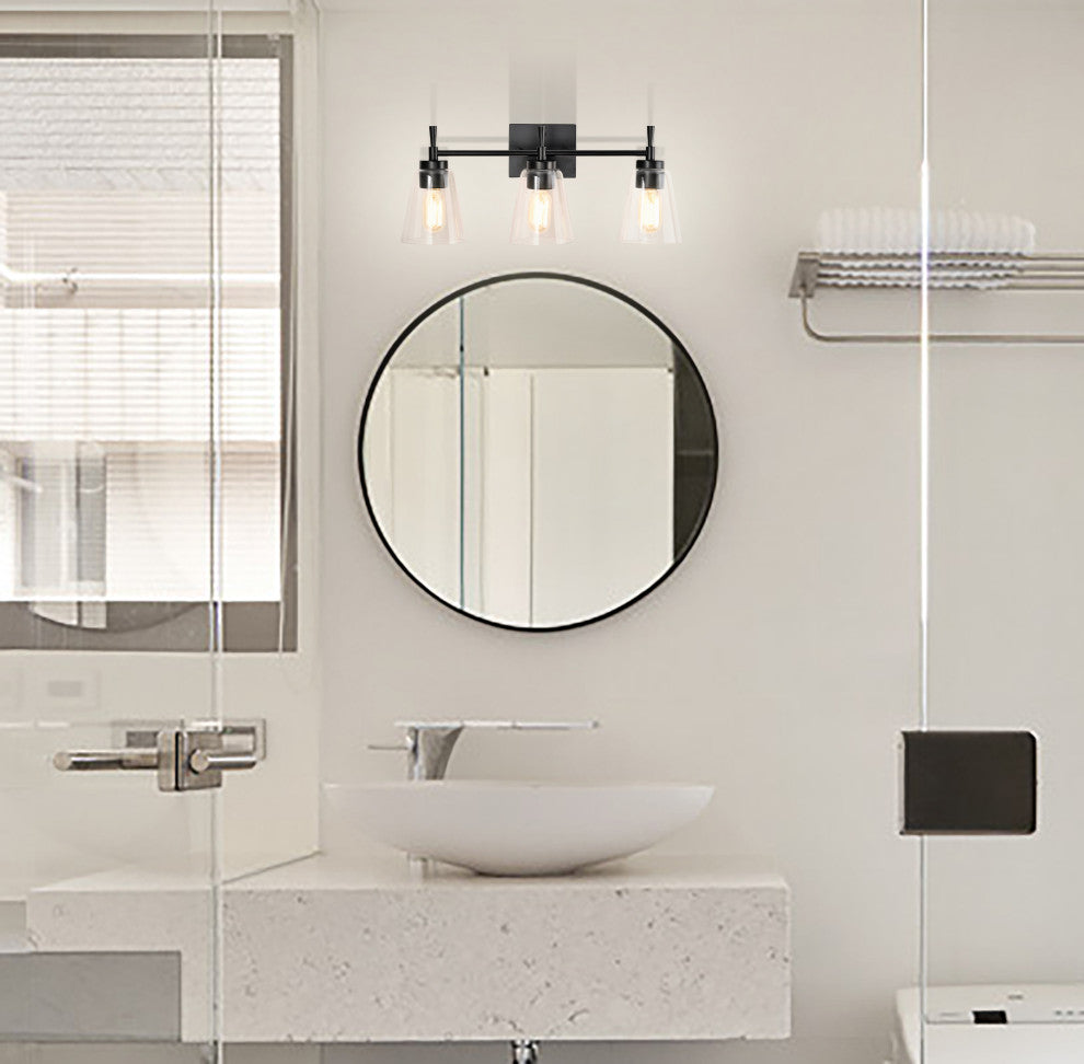 21 in. 3-Light Matte Black Vanity Light With Clear Glass Cone Shades