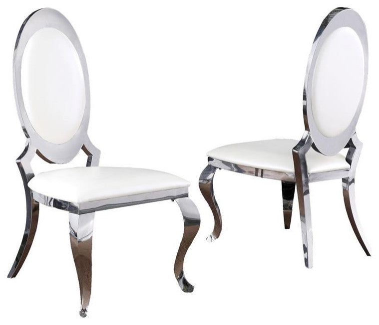 Classy Round Back White Faux Leather Side Chairs with Silver Legs (Set of 2)