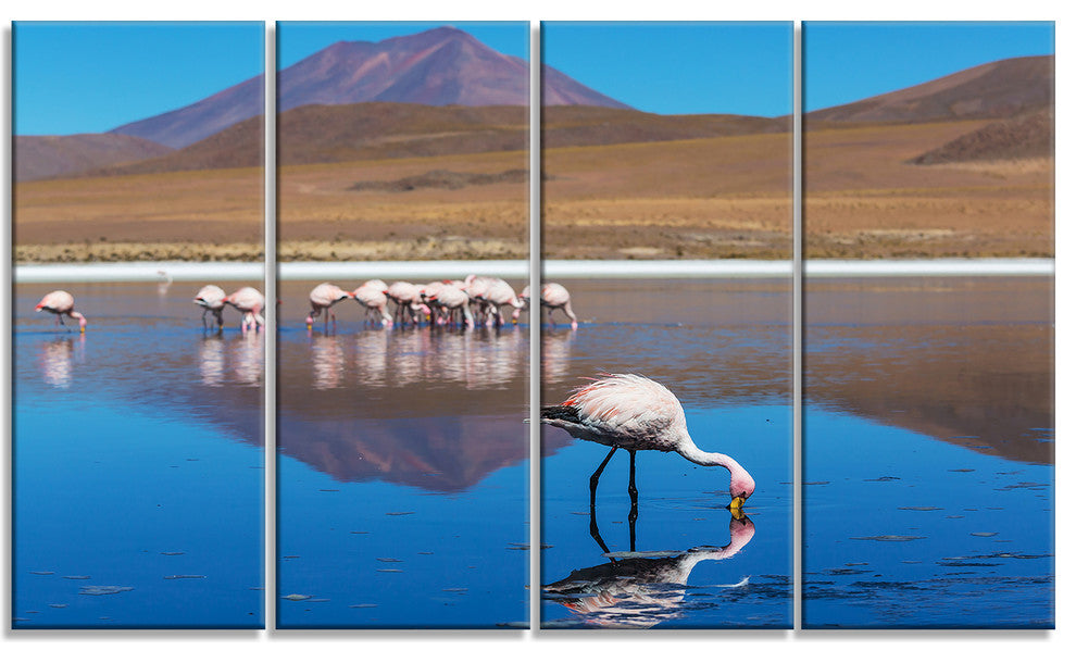 Beautiful Flamingos in Bolivia, African Landscape Canvas Art, 48"x28", 4 Panels