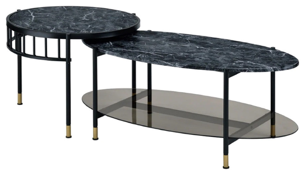 Benzara BM275495 2 Piece Nesting Coffee Table, Marble Top, Glass Shelf, Black