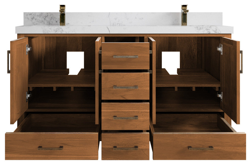 Malibu Teak 60 Double Sink Bathroom Vanity in Golden Teak 2" Calacatta Nuvo