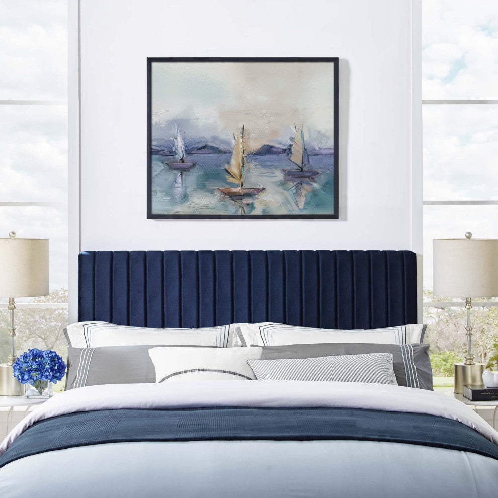 Contemporary Modern Full and Queen Size Headbaord, Velvet Fabric, Navy Blue