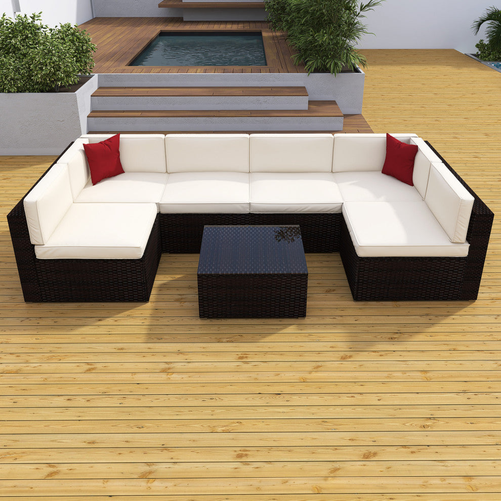117" Wide Outdoor Wicker U-Shaped Patio Sectional With Cushions, Beige