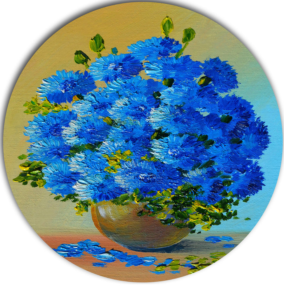 A Bouquet Of Blue Flowers, Floral Round Metal Wall Art, 11"