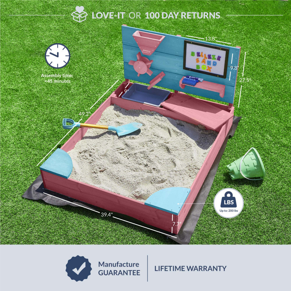 Kids Wooden Sandbox Outdoor Sandpit for Backyard with Cover (Pink)
