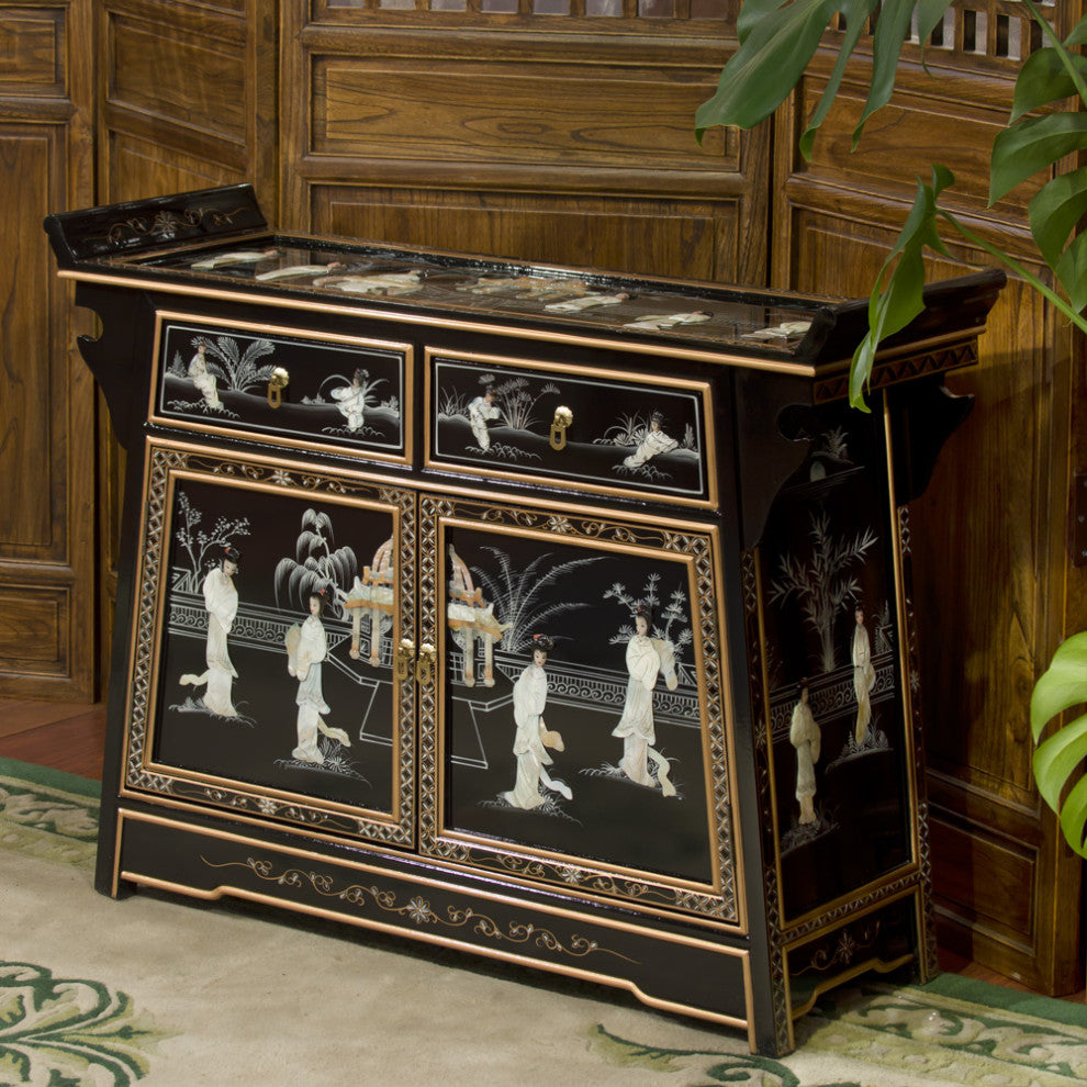 Black Lacquer Mother of Pearl Motif Oriental Altar Style Cabinet