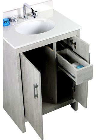 25" Single Vanity, Gray Pine Finish Top With Engineered Stone Top and Oval Sink