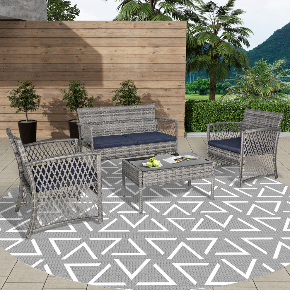 WestinTrends 4PC Outdoor Woven Rattan Wicker Conversation Set Patio Furniture, Navy
