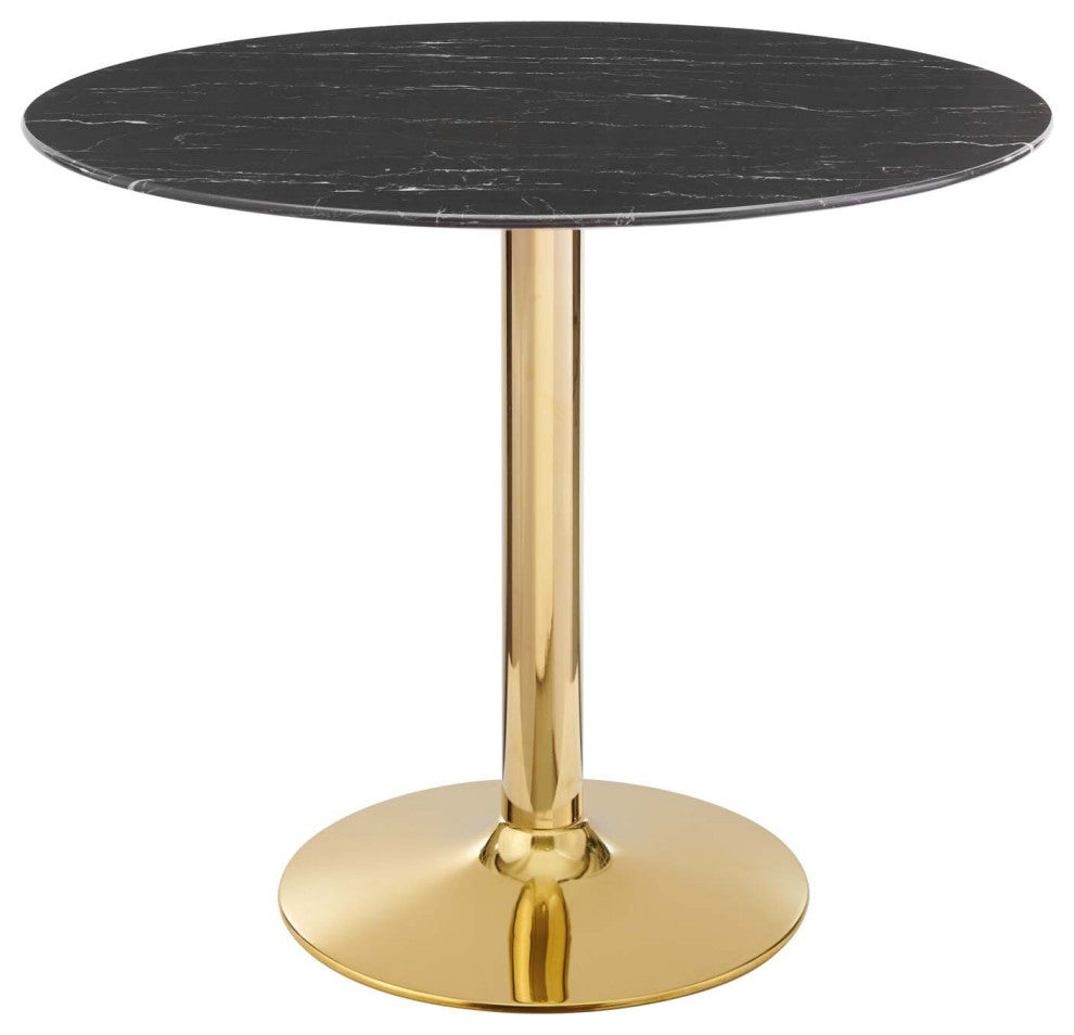 35" Dining Table, Round, Black Gold, Artificial Marble, Modern, Mid Century