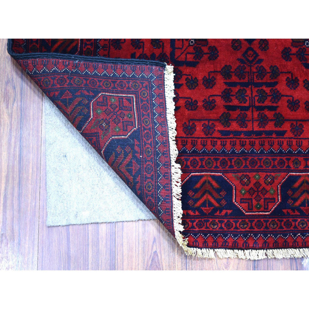 Deep and Saturated Red, Pure Wool Hand Knotted, Afghan Khamyab Rug, 3'4"x4'8"