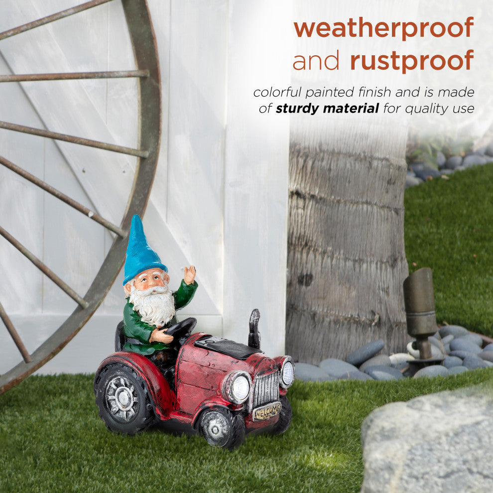 Solar Red Tractor Riding Gnome with Cool White LED Lights