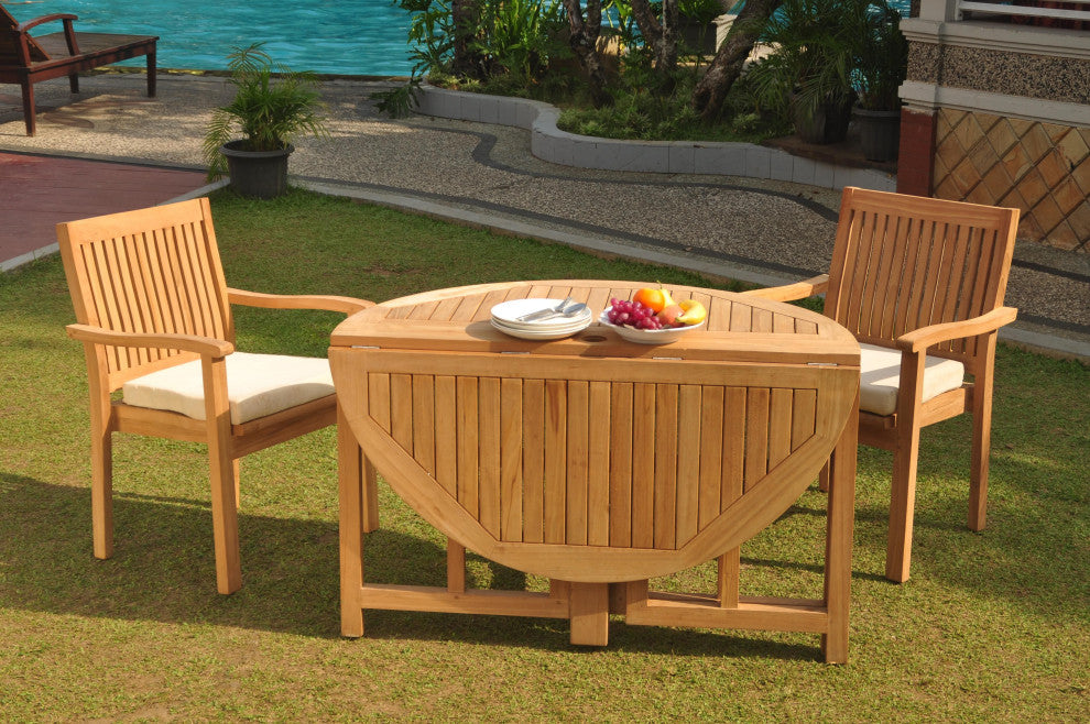 3-Piece Outdoor Teak Dining Set: 48" Butterfly Table, 2 Leveb Stacking Arm Chair