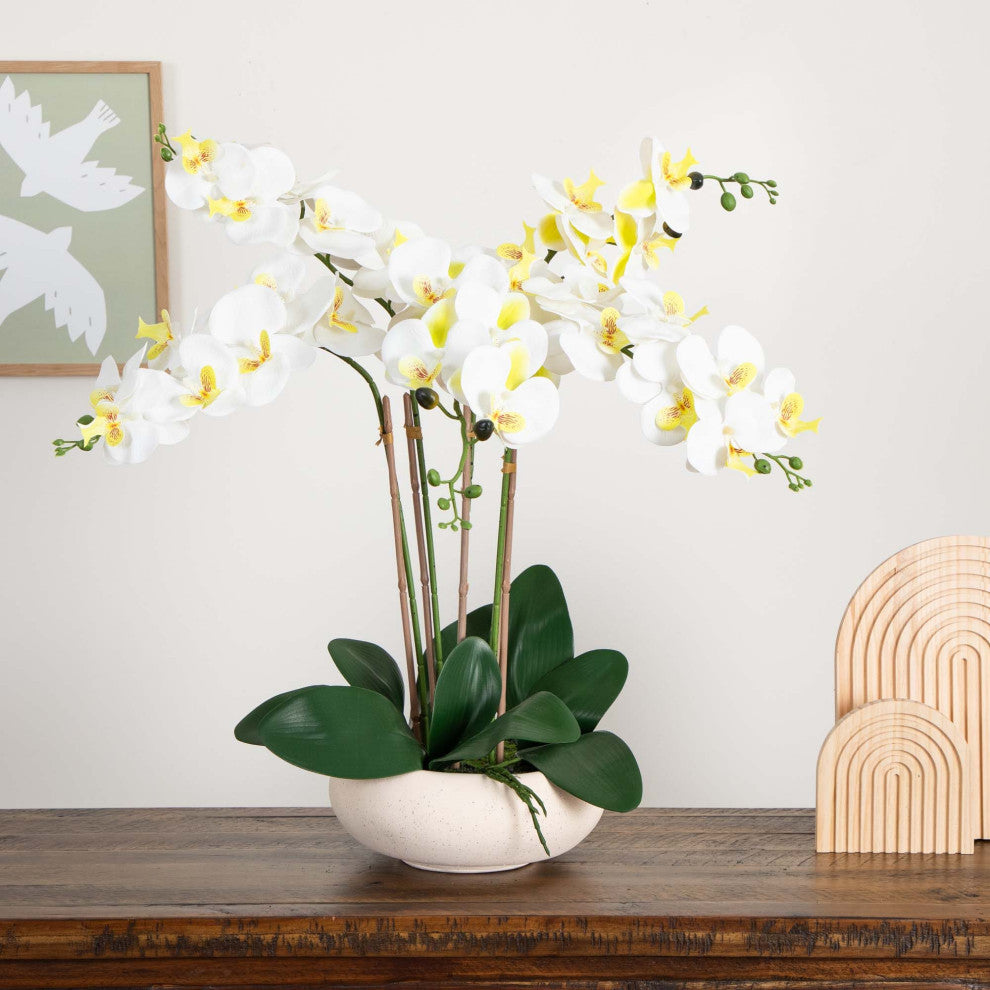 23in. Artificial Phalaenopsis Orchid Arrangement, White Planter, Real Touch