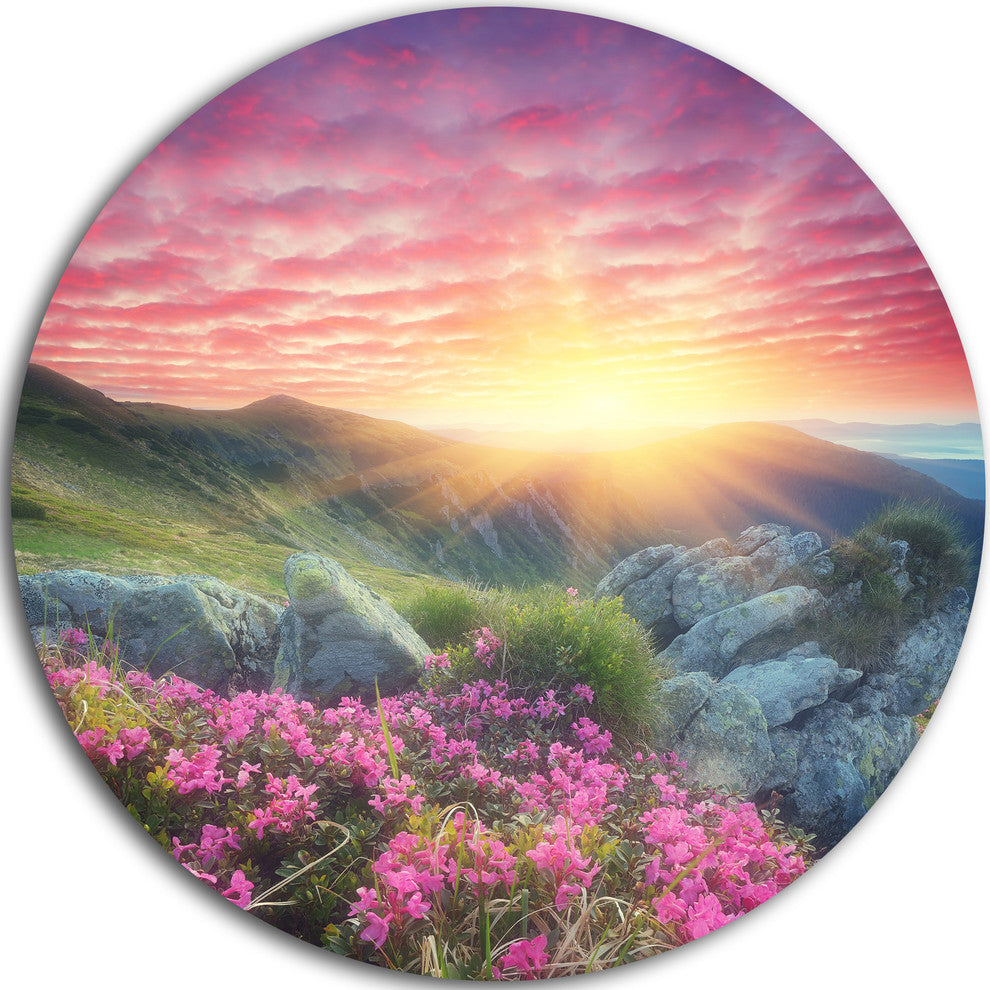 Morning With Flowers In Mountains, Landscape Disc Metal Wall Art, 11"
