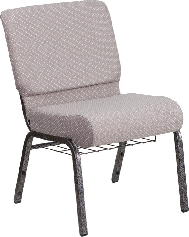 21''W Church Chair in Gray Dot Fabric with Book Rack-Silver Vein Frame