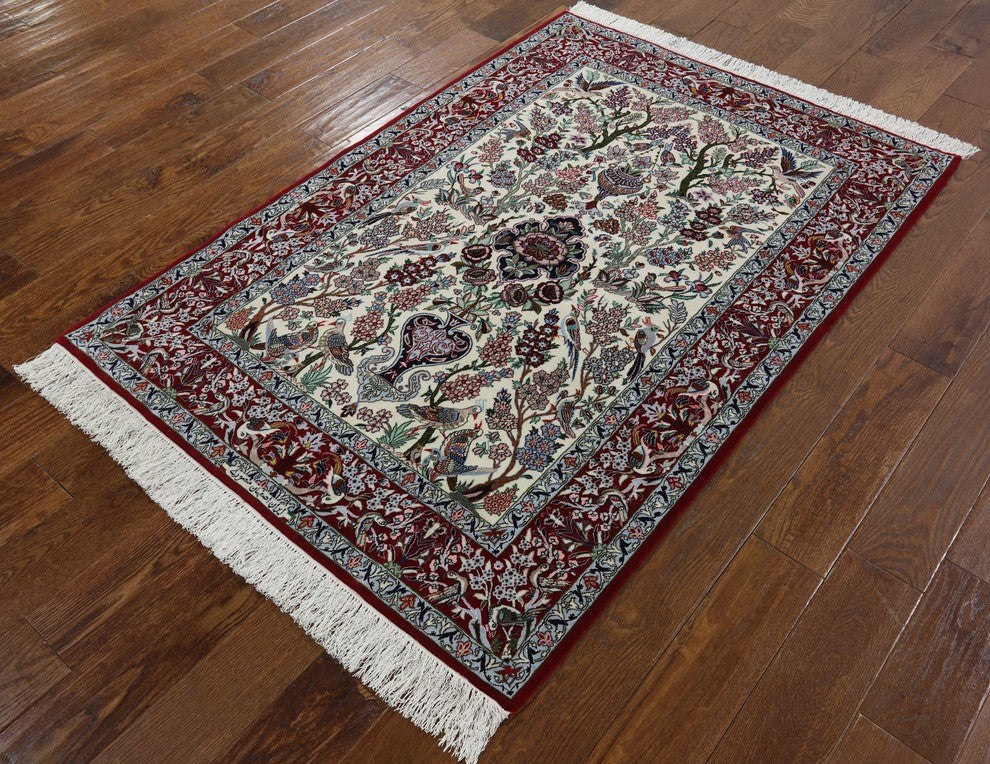 Hand Knotted Wool and Silk Authentic Persian Isfahan Signed Rug, 3'8"x5'6"