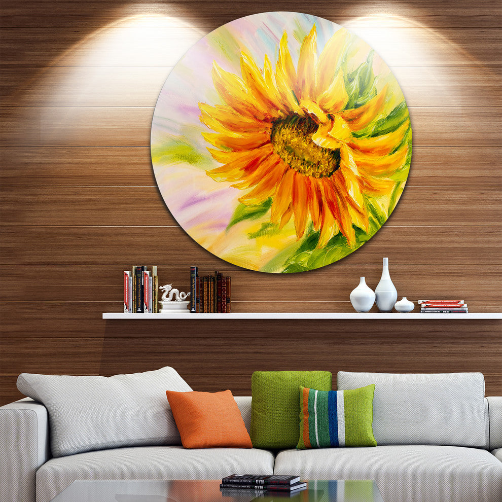 Sunflower Oil Painting, Floral Round Wall Art, 11"