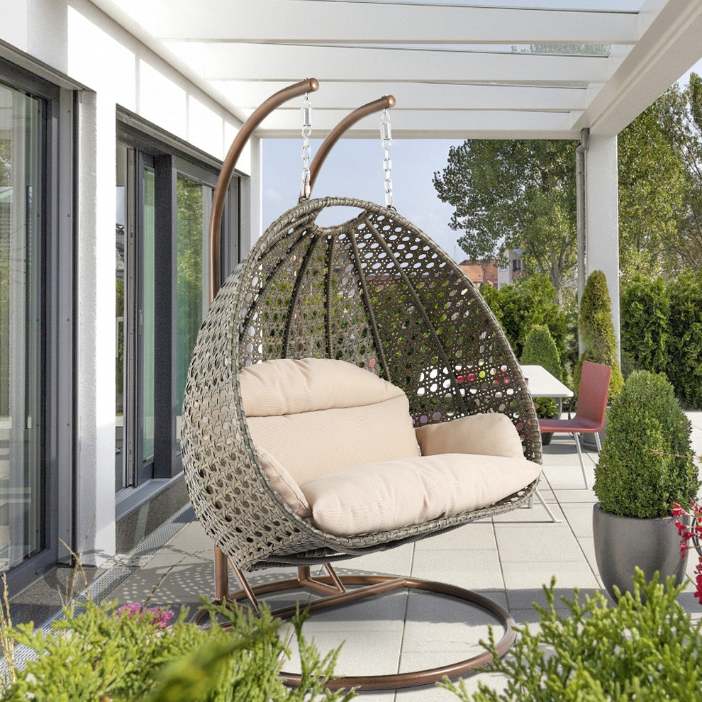 LeisureMod Modern 2 Person Wicker Double Hanging Egg Swing Chair, Beige