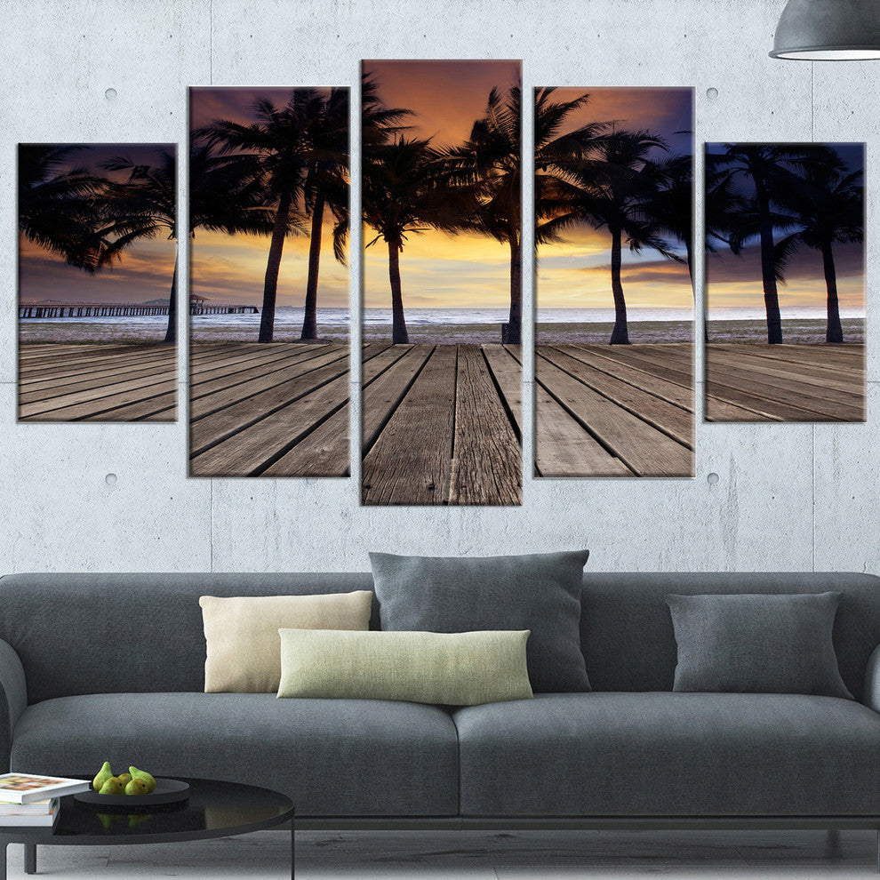 "Old Wood Terrace on Sea Beach" Modern Landscape Wall Art, 5 Panels, 60"x32"