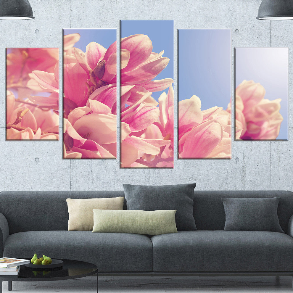 Magnolia Flowers on Sky Background, Large Floral Canvas Print, 60"x32", 5 Panels