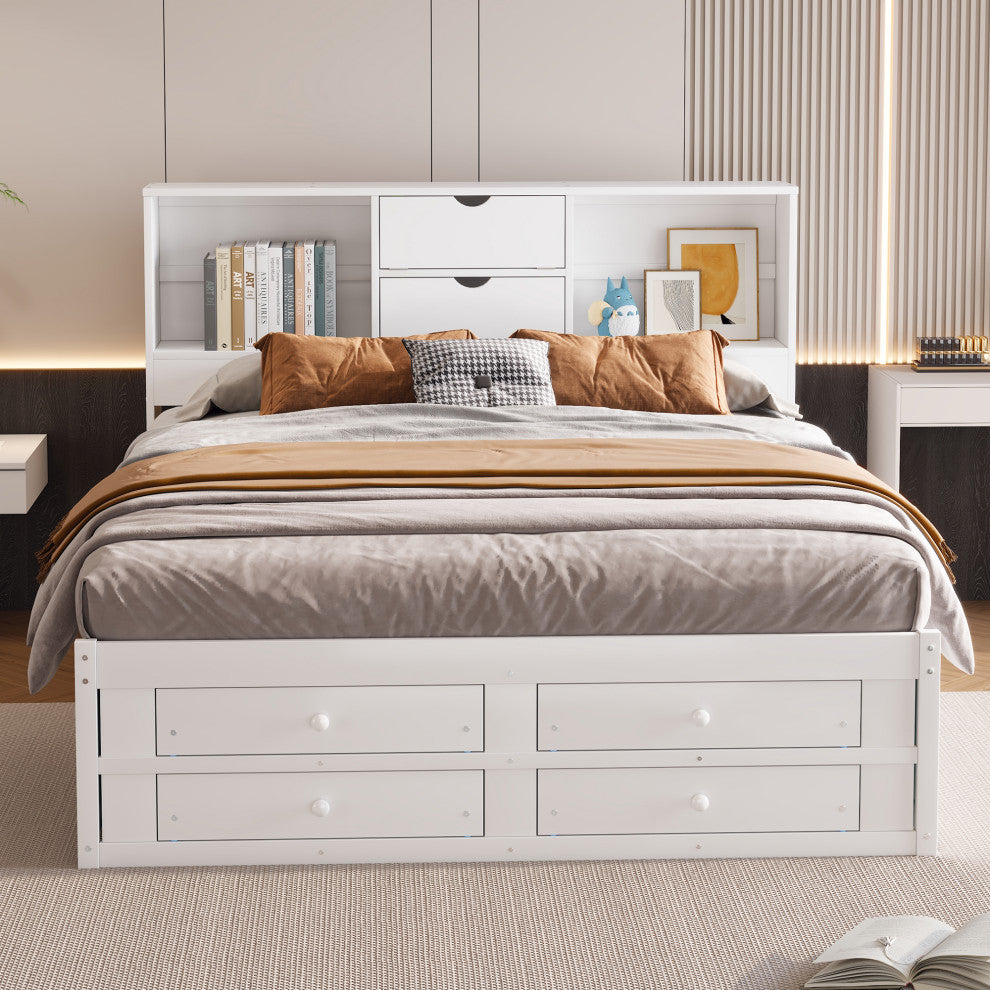 Gewnee King Size Platform Bed with Storage Headboard and 8 Drawers