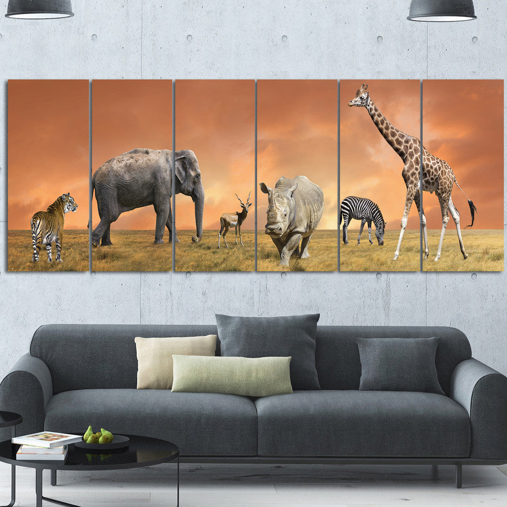 Savannah Wildlife Panorama, African Canvas Art Print, 70"x28", 6 Panels